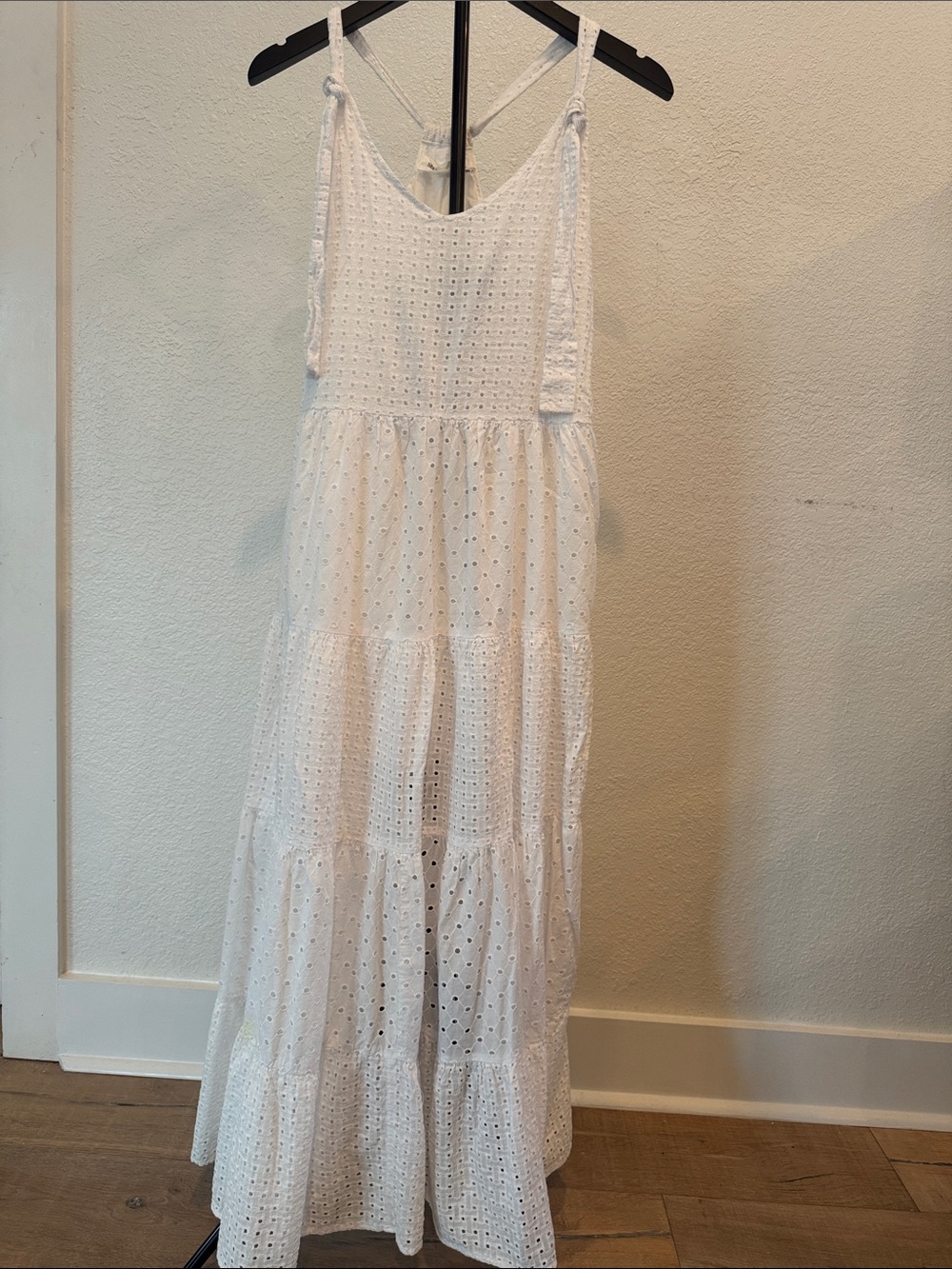 White Eyelet Tiered Maxi Dress with Adjustable Tie Straps